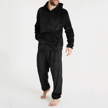 Riolio Mens Winter Fleece Warm Pajama Set Soft Home Solid Color Pockets Hooded Pullover Tops And Pants Thick Plush Sleepwear Homewear